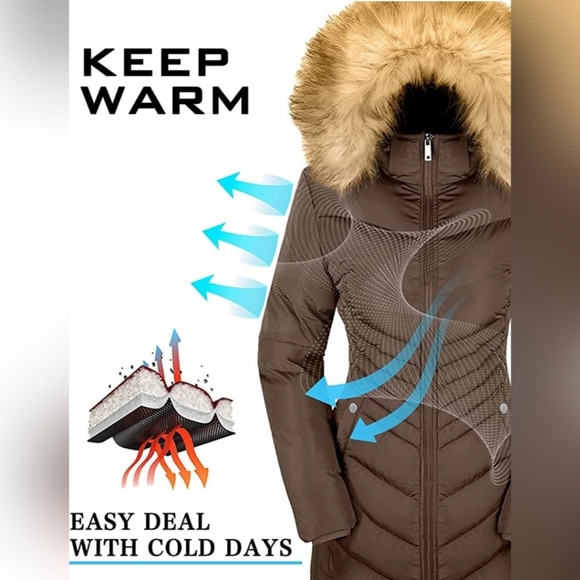 COFFEE Down Jacket Winter Long Puffer Parka Coat with Removable Fur Hood - Picture 6 of 6